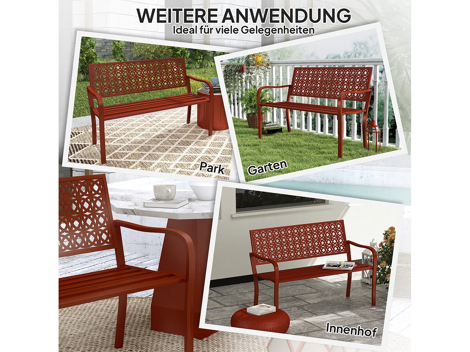 Banc de jardin 2 places, résistant aux intempéries, acier avec dossier et accoudoirs, rouge (127x63x85cm)