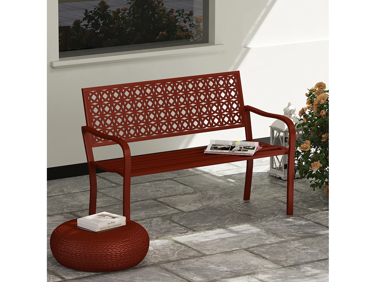 Banc de jardin 2 places, résistant aux intempéries, acier avec dossier et accoudoirs, rouge (127x63x85cm)