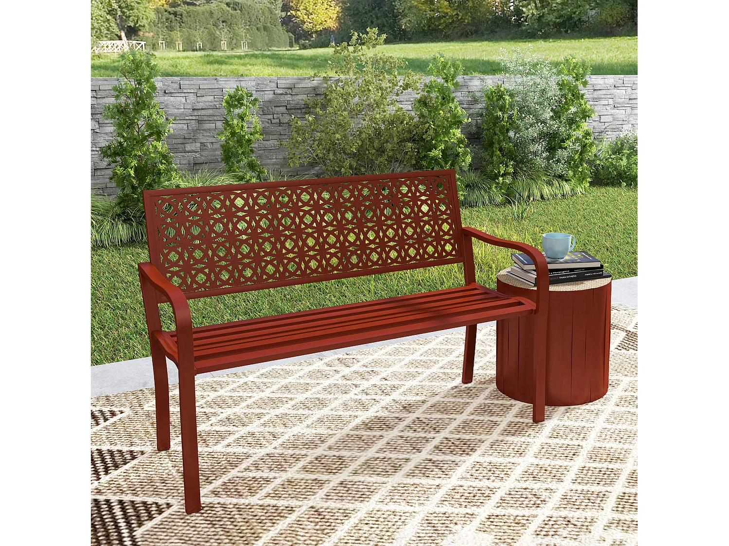 Banc de jardin 2 places, résistant aux intempéries, acier avec dossier et accoudoirs, rouge (127x63x85cm)
