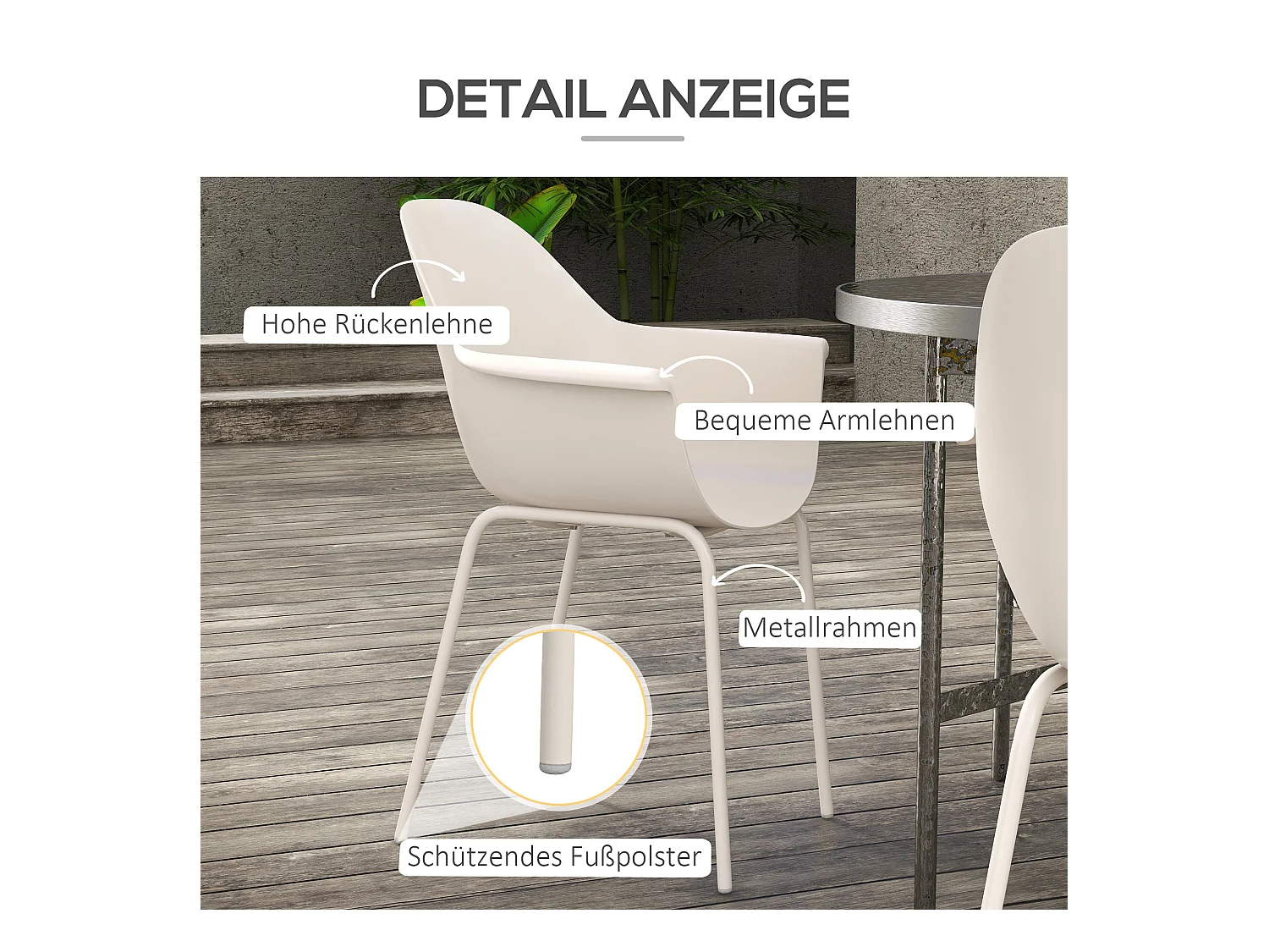 Set de 4 chaises de jardin empilables avec accoudoirs et dossier, acier, gris (59x55x84 cm)