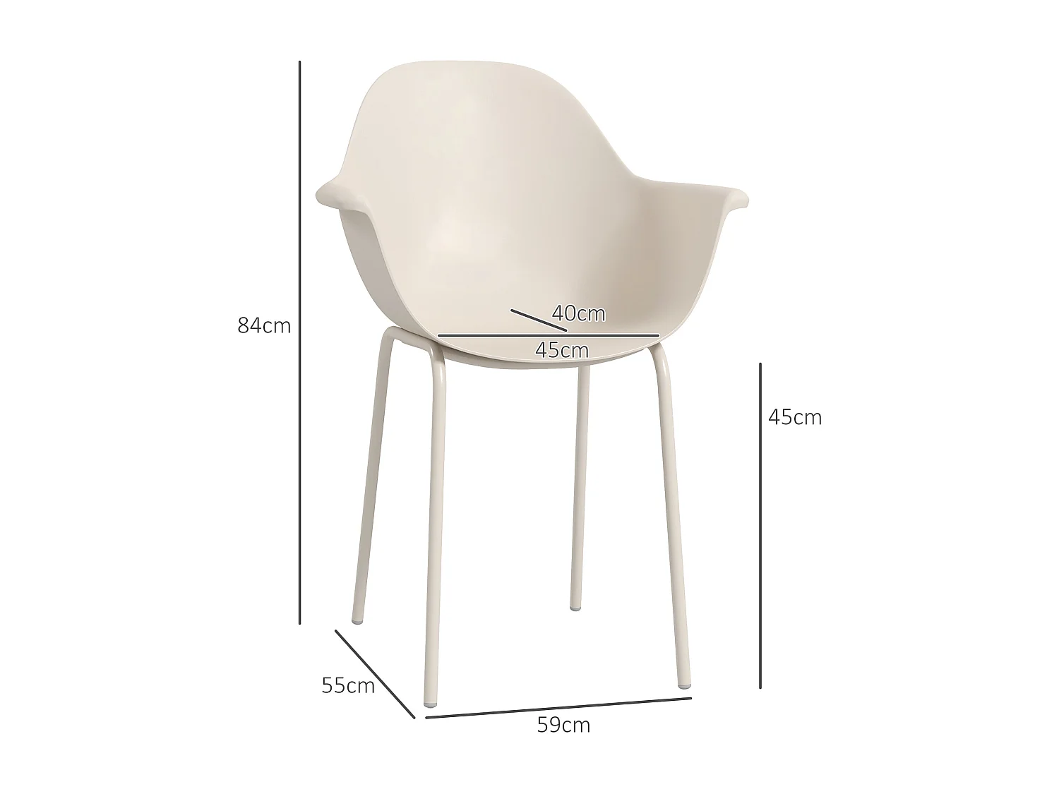 Conjunto de 4 sillas de jardín apilables con reposabrazos y respaldo, acero, gris (59x55x84 cm)