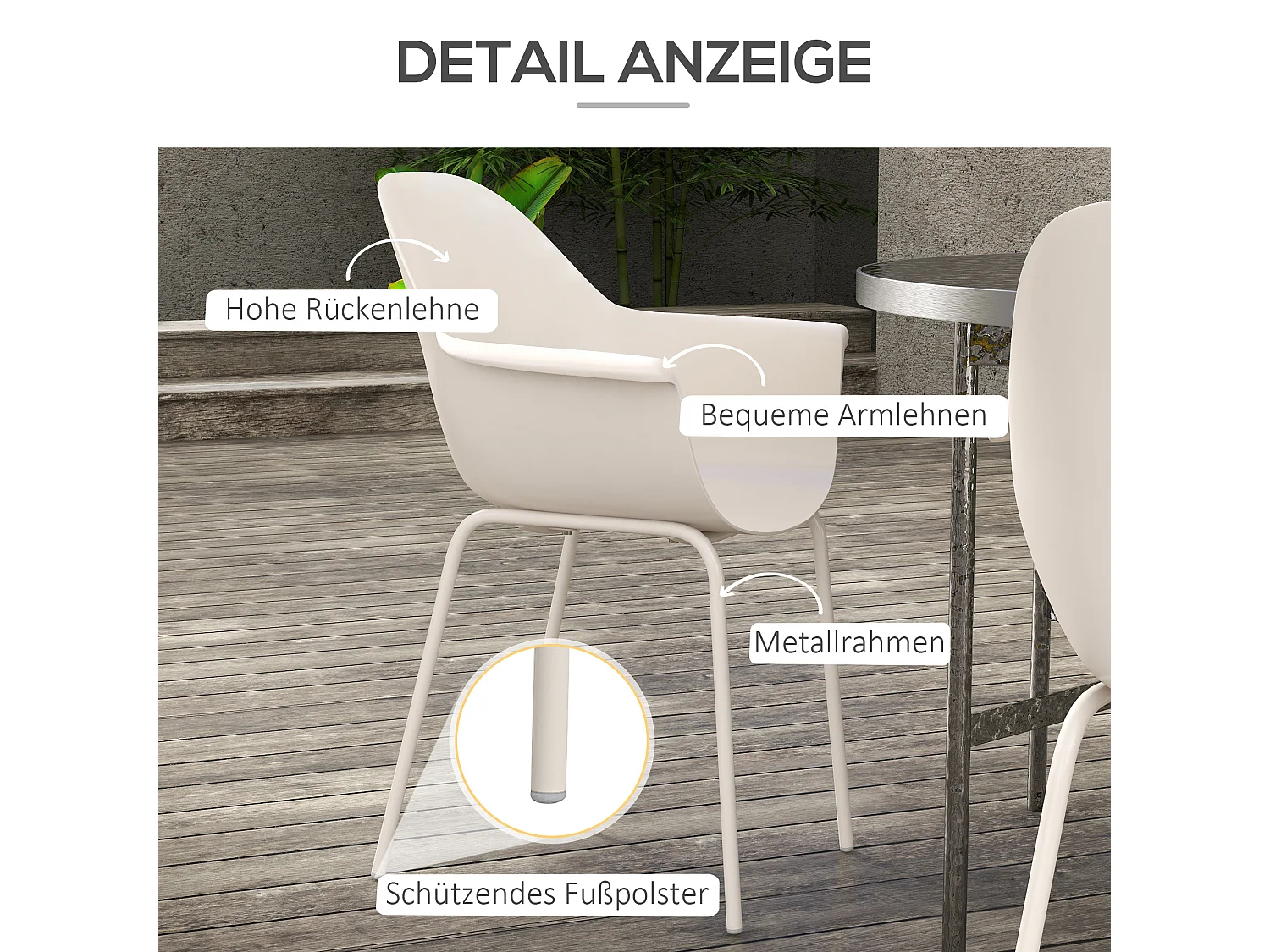 Conjunto de 4 sillas de jardín apilables con reposabrazos y respaldo, acero, gris (59x55x84 cm)