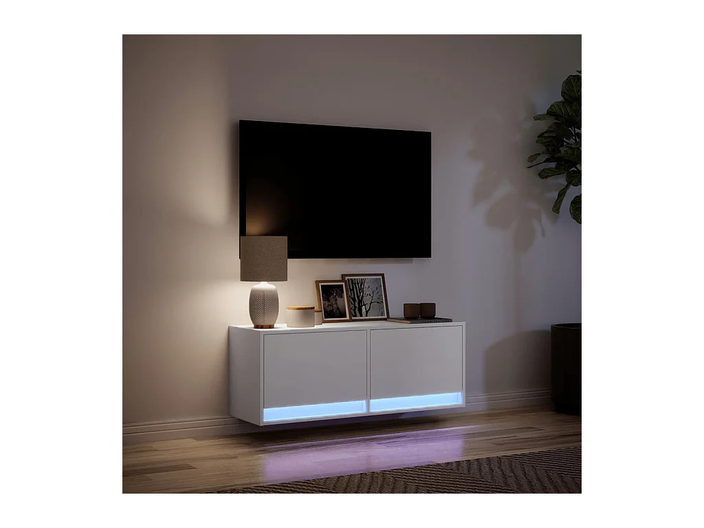 Mobile porta TV a parete con luci LED, bianco, 100x31x35 cm