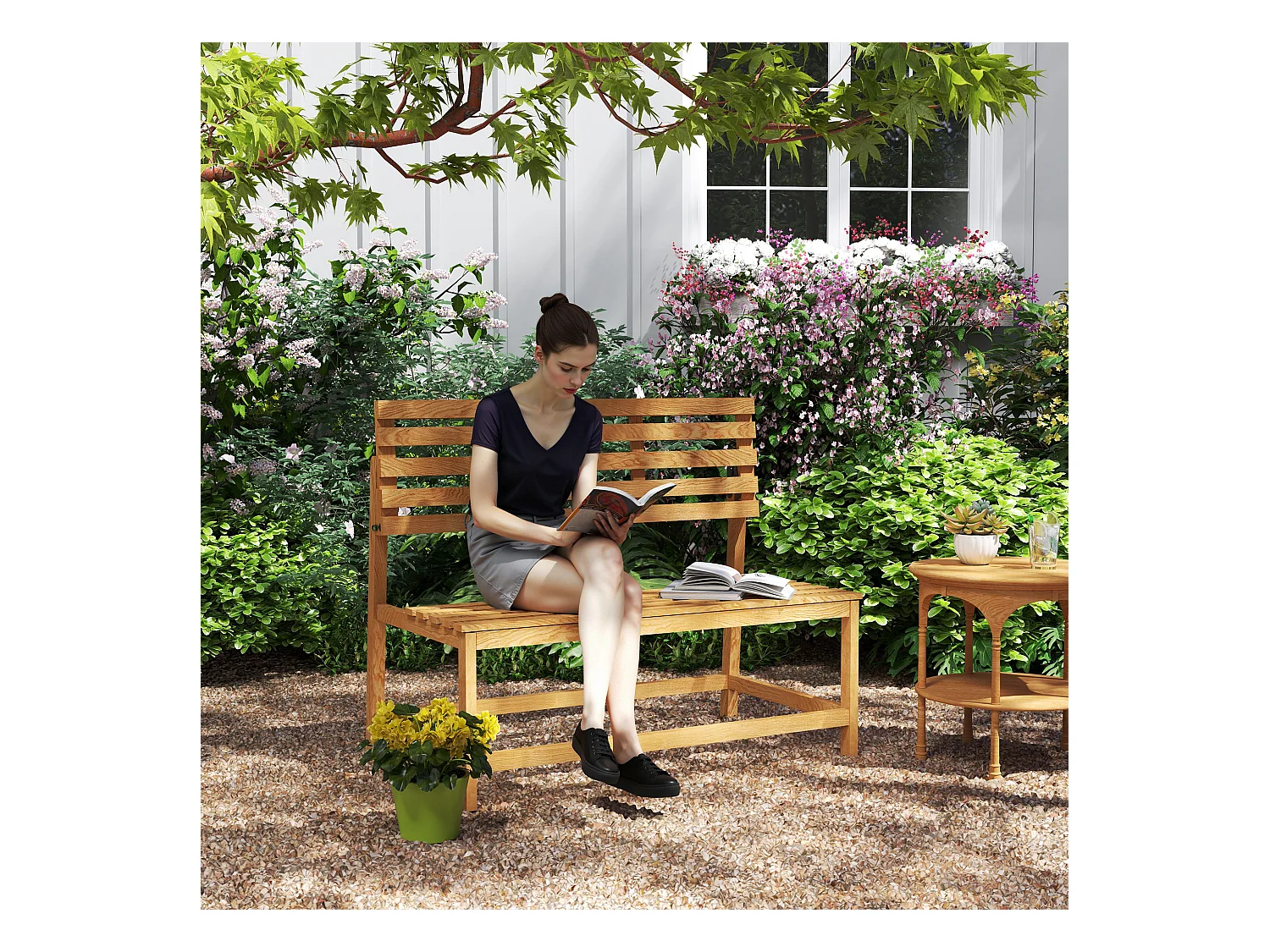 Banc de jardin 2 places convertible, résistant aux intempéries, pin, teck (110x61x89cm)