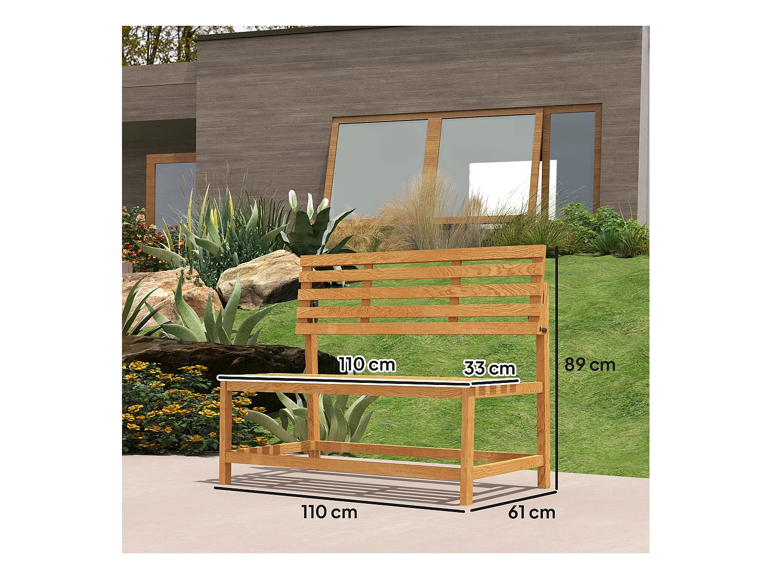 Banc de jardin 2 places convertible, résistant aux intempéries, pin, teck (110x61x89cm)