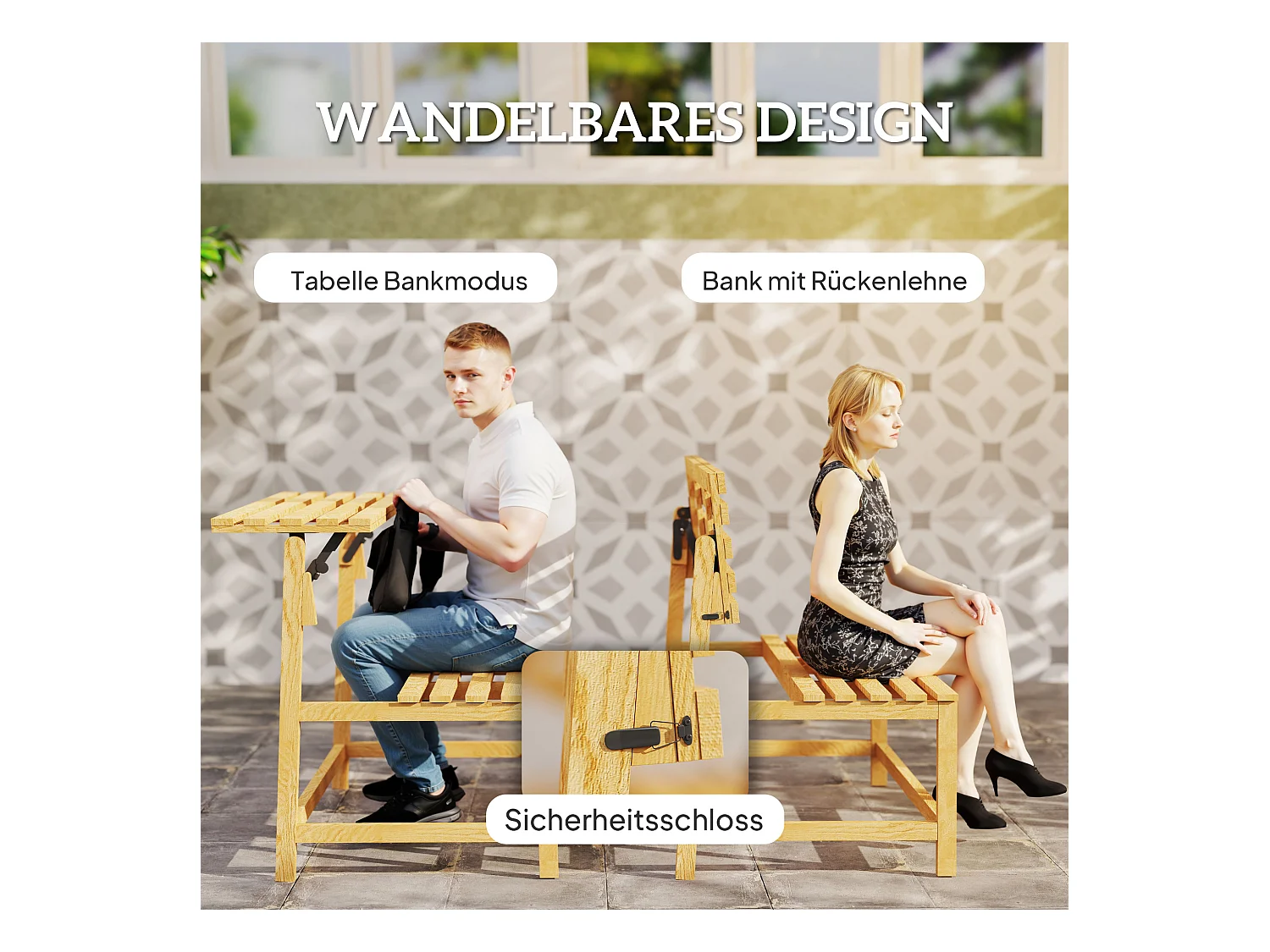 Banc de jardin 2 places convertible, résistant aux intempéries, pin, teck (110x61x89cm)