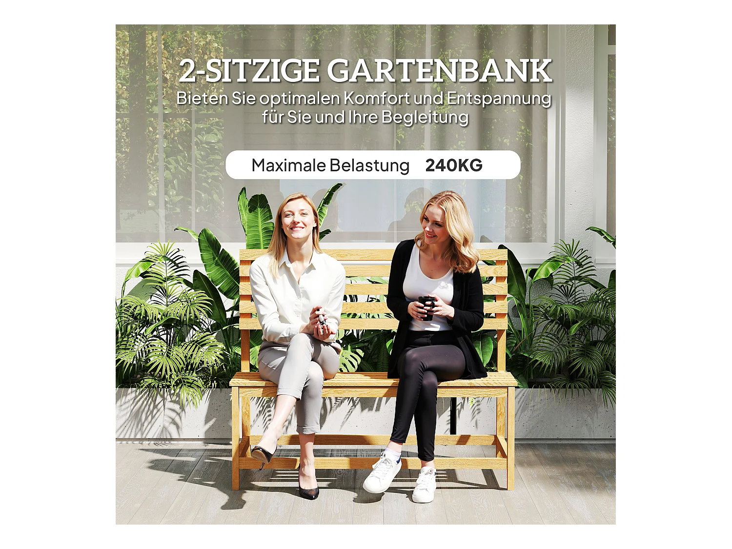 Banc de jardin 2 places convertible, résistant aux intempéries, pin, teck (110x61x89cm)