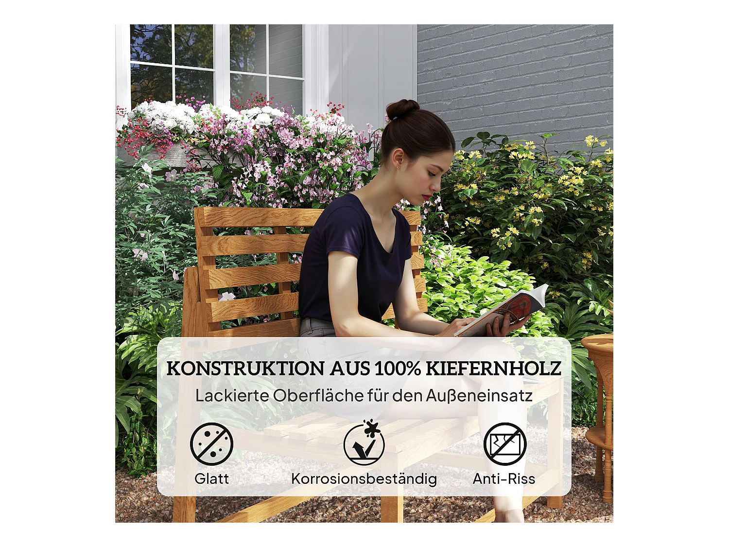 Banc de jardin 2 places convertible, résistant aux intempéries, pin, teck (110x61x89cm)