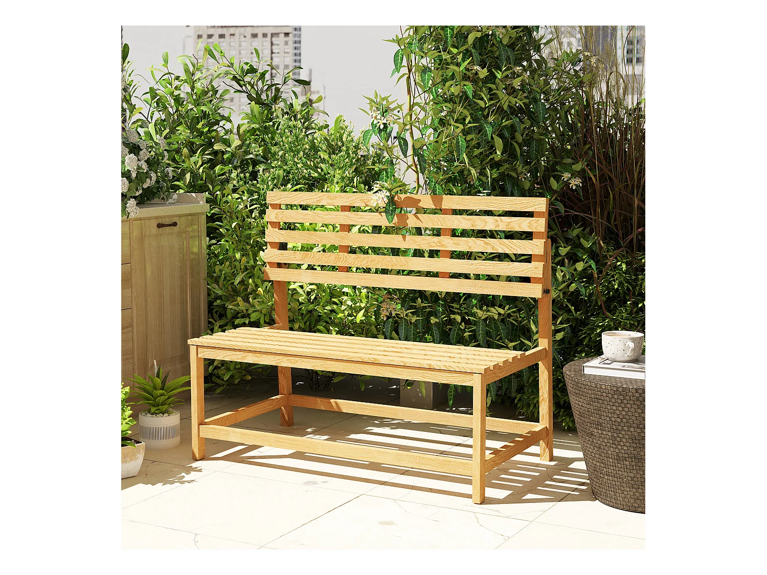 Banc de jardin 2 places convertible, résistant aux intempéries, pin, teck (110x61x89cm)