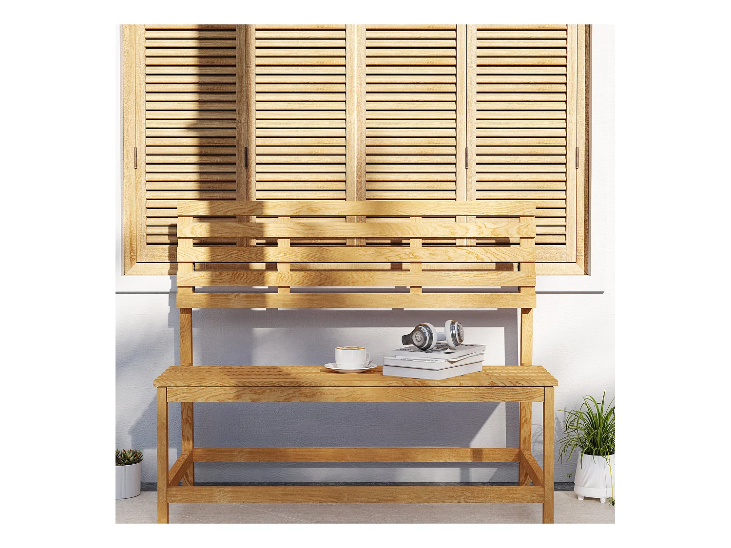 Banc de jardin 2 places convertible, résistant aux intempéries, pin, teck (110x61x89cm)