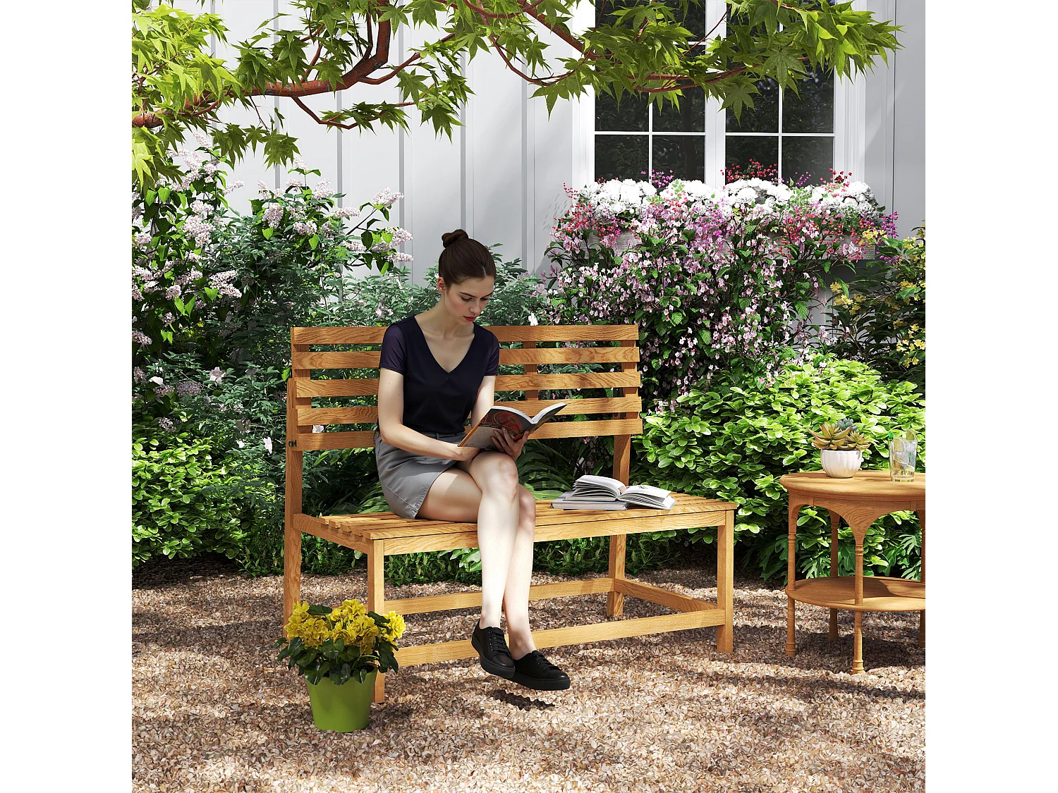 Banc de jardin 2 places convertible, résistant aux intempéries, pin, teck (110x61x89cm)