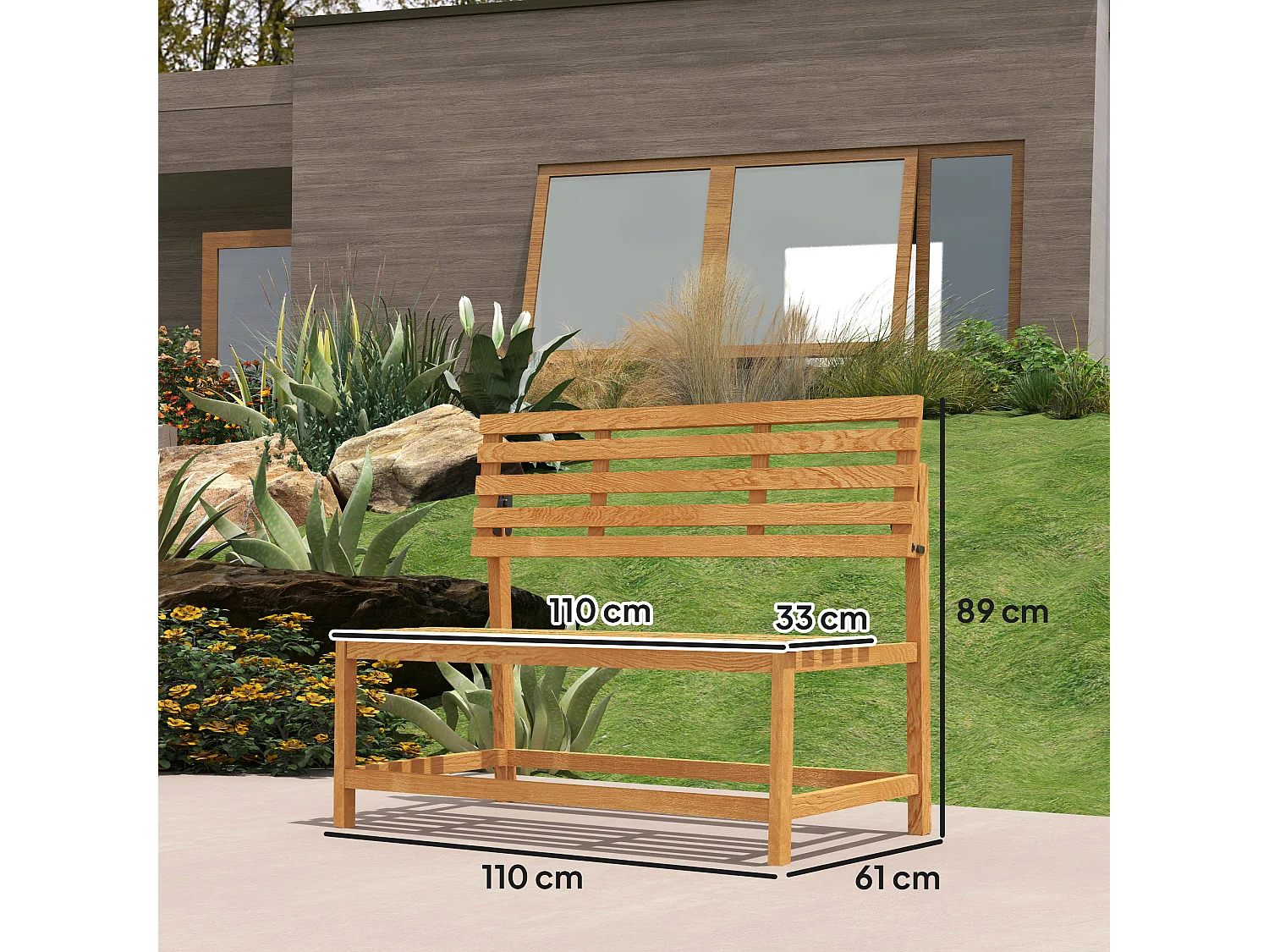 Banc de jardin 2 places convertible, résistant aux intempéries, pin, teck (110x61x89cm)