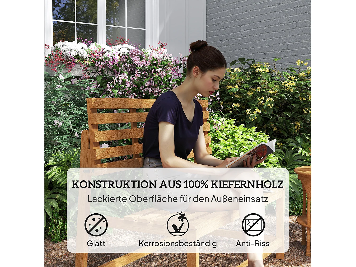 Banc de jardin 2 places convertible, résistant aux intempéries, pin, teck (110x61x89cm)