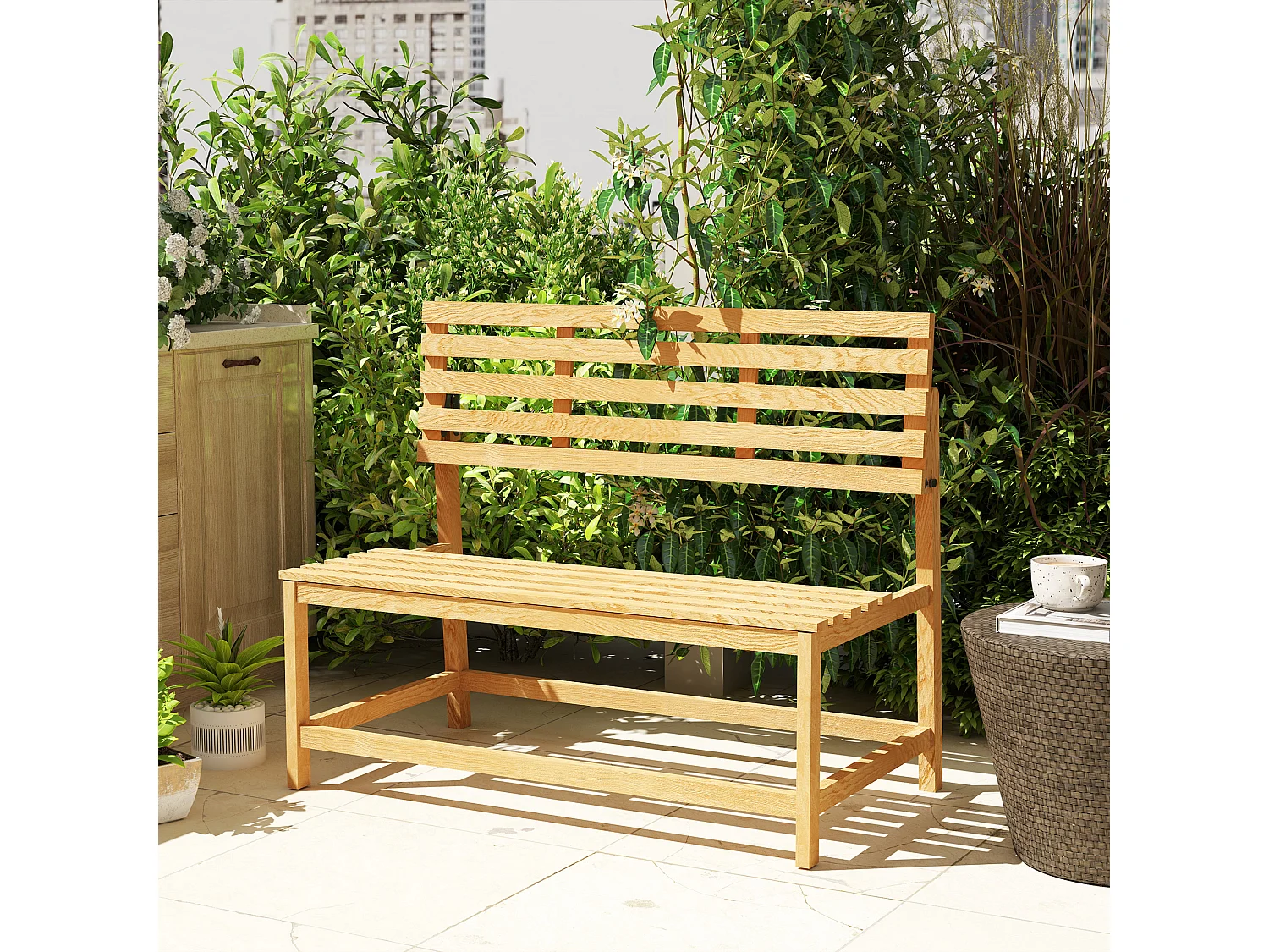 Banc de jardin 2 places convertible, résistant aux intempéries, pin, teck (110x61x89cm)