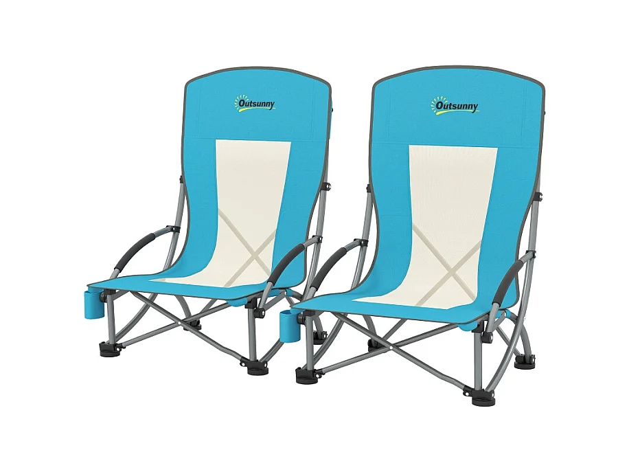 Chaise pliante de camping avec porte-gobelet, dossier en filet, métal, bleu (70x58x79 cm)