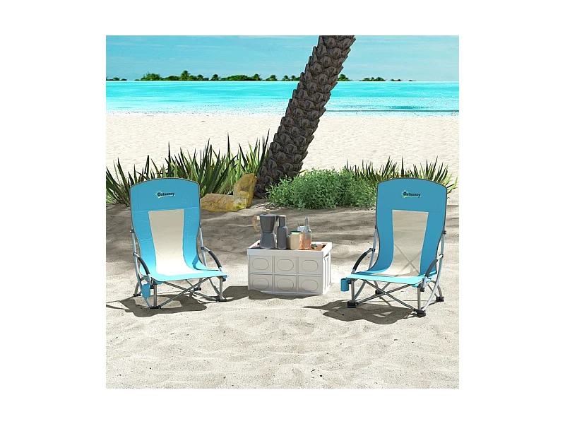 Chaise pliante de camping avec porte-gobelet, dossier en filet, métal, bleu (70x58x79 cm)