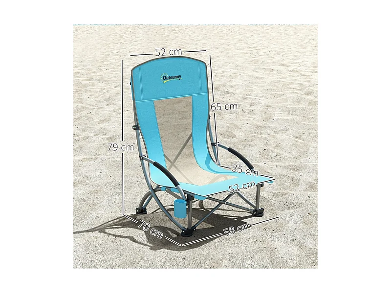 Chaise pliante de camping avec porte-gobelet, dossier en filet, métal, bleu (70x58x79 cm)
