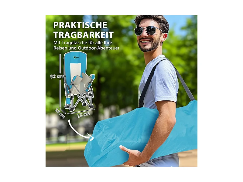 Chaise pliante de camping avec porte-gobelet, dossier en filet, métal, bleu (70x58x79 cm)