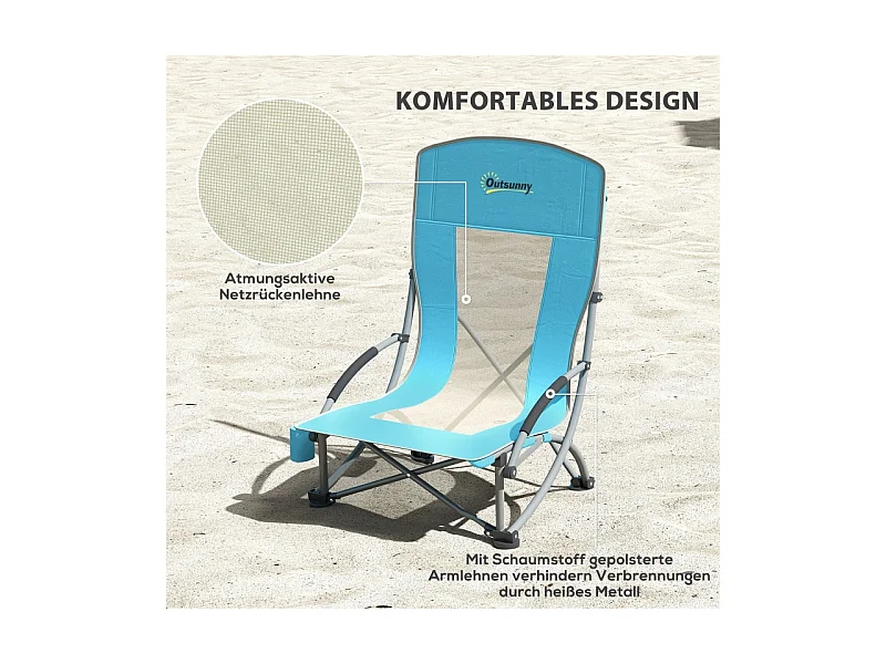 Chaise pliante de camping avec porte-gobelet, dossier en filet, métal, bleu (70x58x79 cm)
