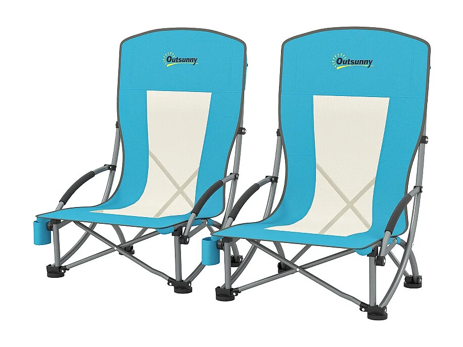 Chaise pliante de camping avec porte-gobelet, dossier en filet, métal, bleu (70x58x79 cm)