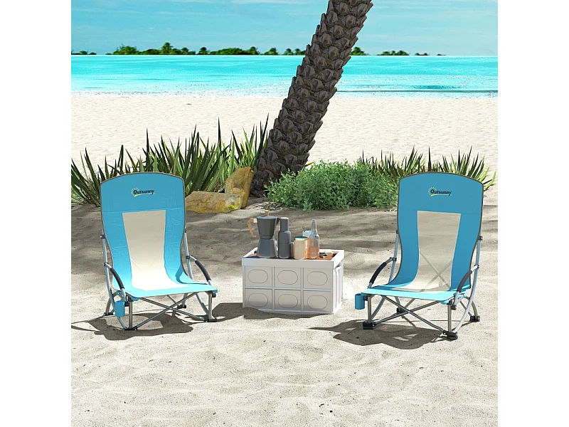 Chaise pliante de camping avec porte-gobelet, dossier en filet, métal, bleu (70x58x79 cm)