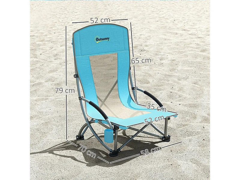 Chaise pliante de camping avec porte-gobelet, dossier en filet, métal, bleu (70x58x79 cm)