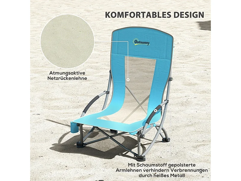 Chaise pliante de camping avec porte-gobelet, dossier en filet, métal, bleu (70x58x79 cm)