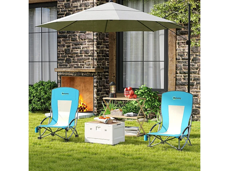 Chaise pliante de camping avec porte-gobelet, dossier en filet, métal, bleu (70x58x79 cm)