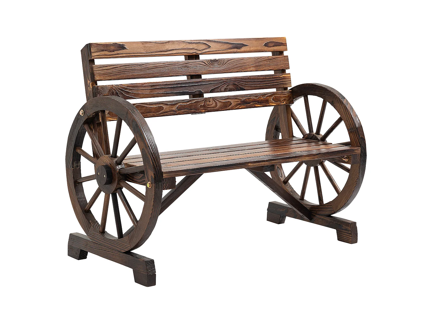 Banc de jardin 2 places avec accoudoirs en roue de chariot, style campagne, bois de sapin, marron (105.5x56x79cm)