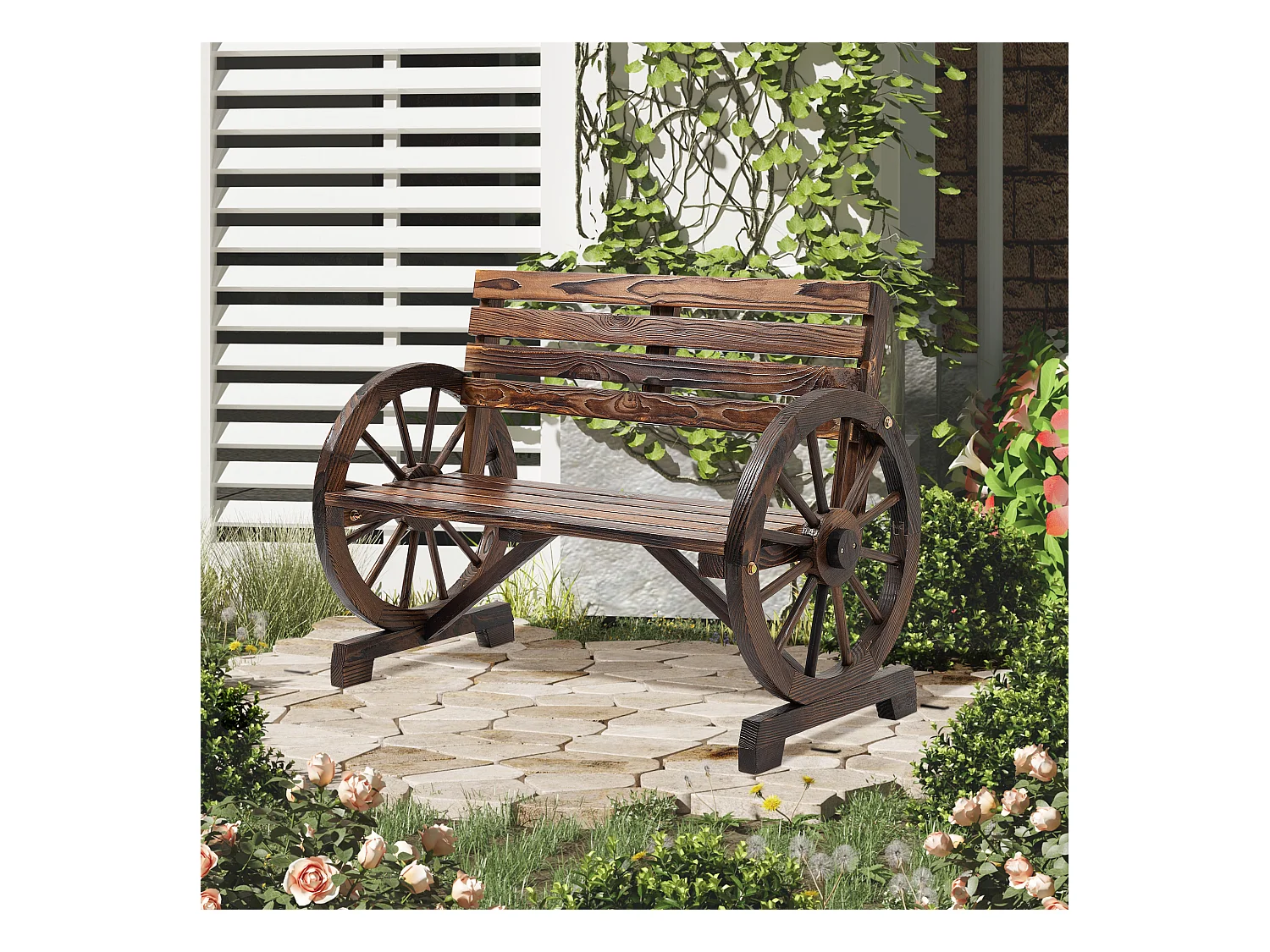 Banc de jardin 2 places avec accoudoirs en roue de chariot, style campagne, bois de sapin, marron (105.5x56x79cm)