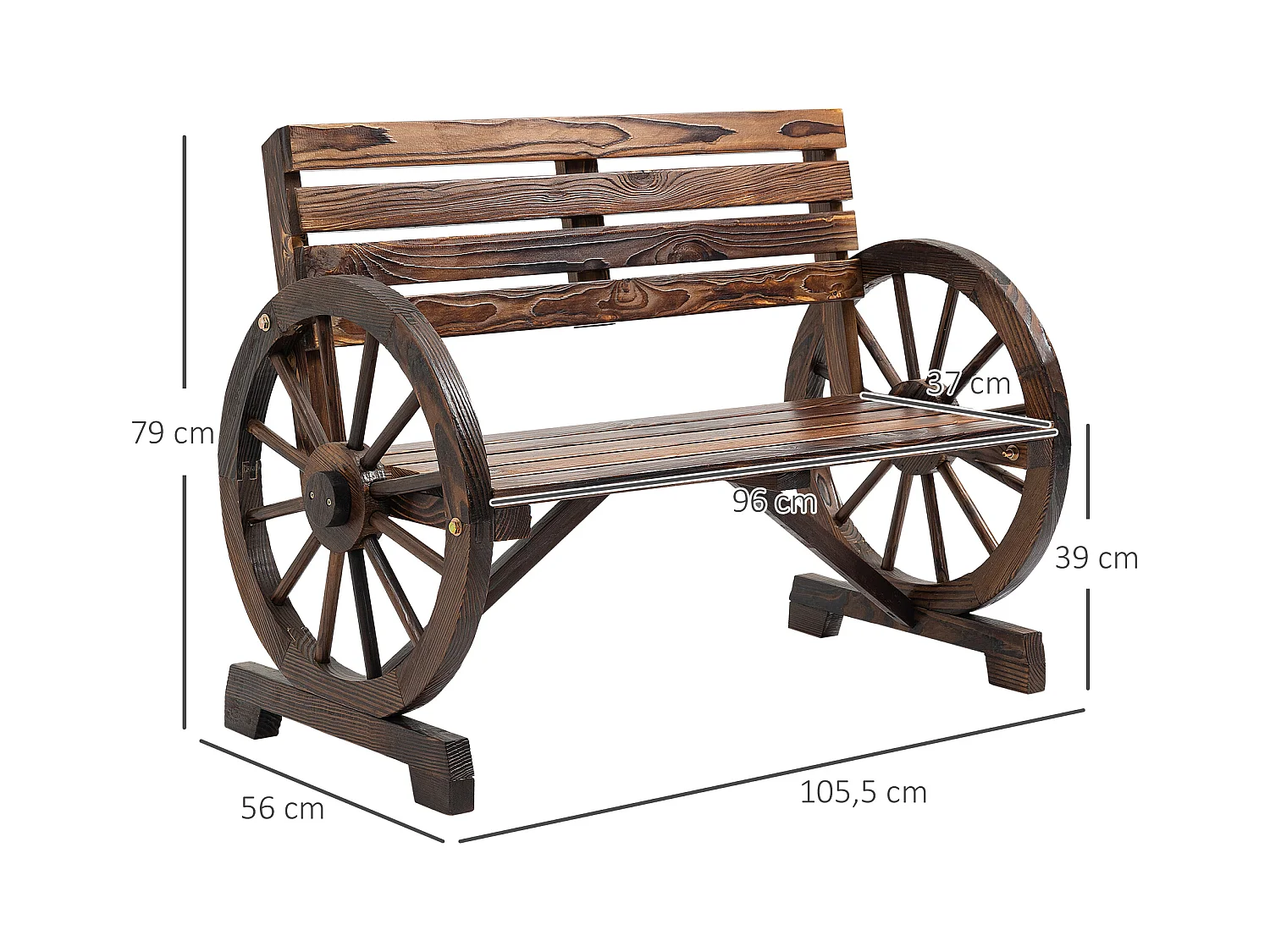 Banc de jardin 2 places avec accoudoirs en roue de chariot, style campagne, bois de sapin, marron (105.5x56x79cm)
