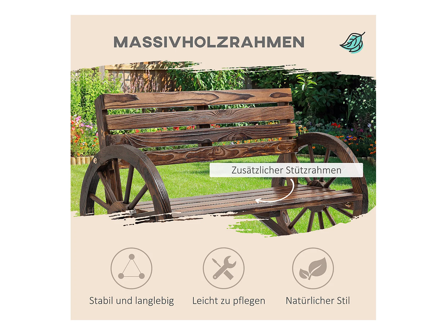 Banc de jardin 2 places avec accoudoirs en roue de chariot, style campagne, bois de sapin, marron (105.5x56x79cm)