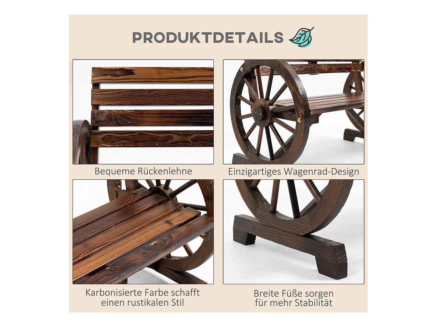 Banc de jardin 2 places avec accoudoirs en roue de chariot, style campagne, bois de sapin, marron (105.5x56x79cm)