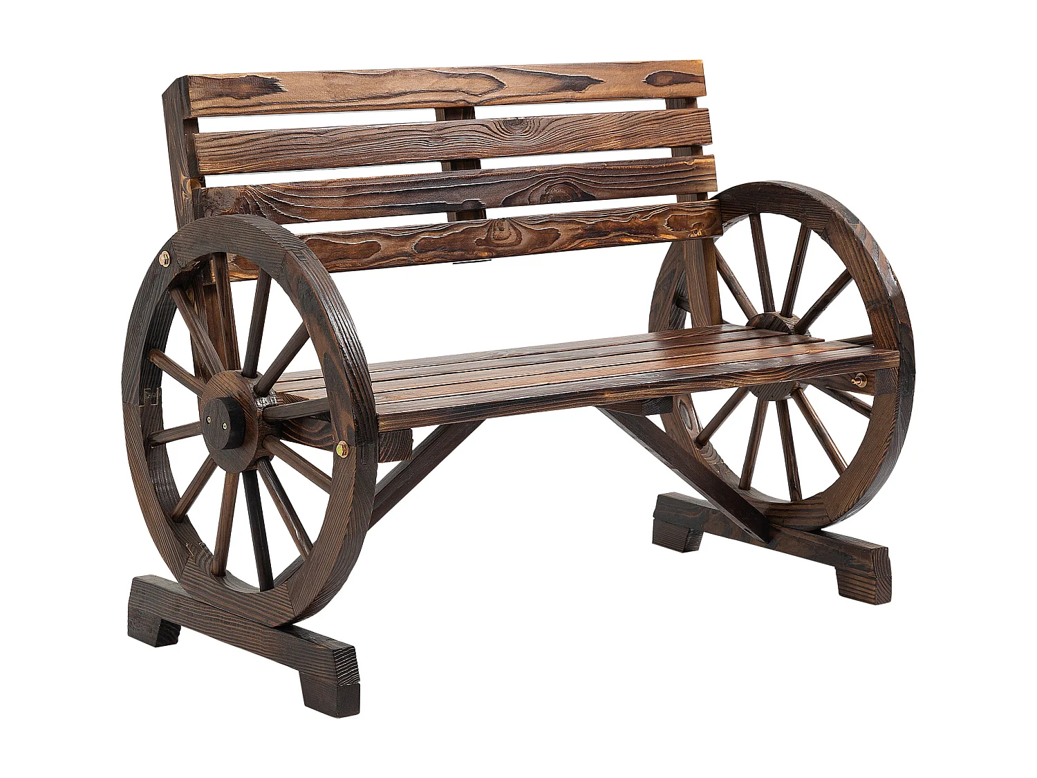 Banc de jardin 2 places avec accoudoirs en roue de chariot, style campagne, bois de sapin, marron (105.5x56x79cm)
