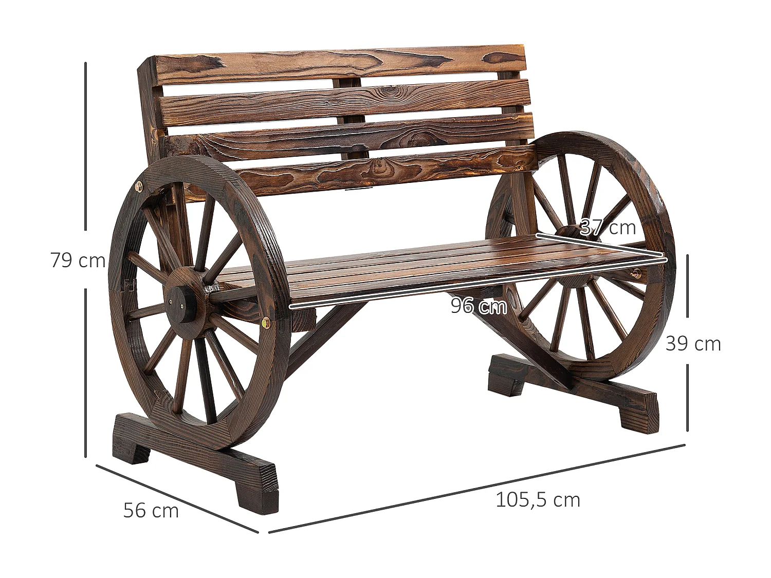 Banc de jardin 2 places avec accoudoirs en roue de chariot, style campagne, bois de sapin, marron (105.5x56x79cm)