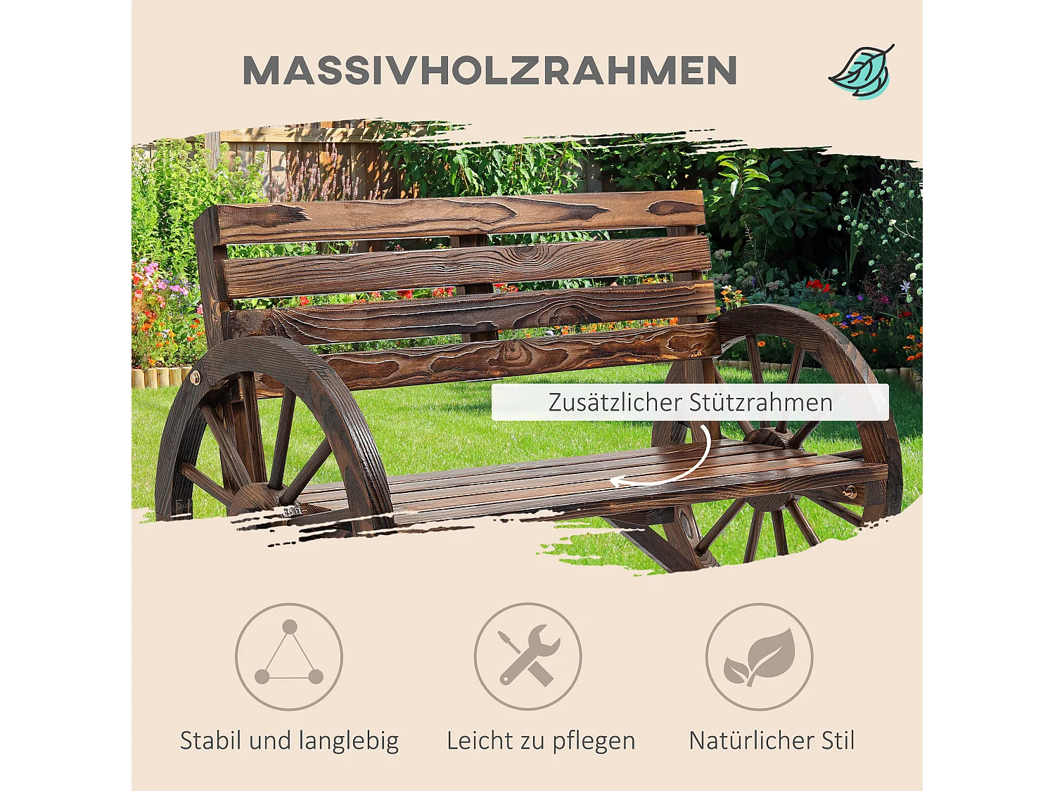 Banc de jardin 2 places avec accoudoirs en roue de chariot, style campagne, bois de sapin, marron (105.5x56x79cm)