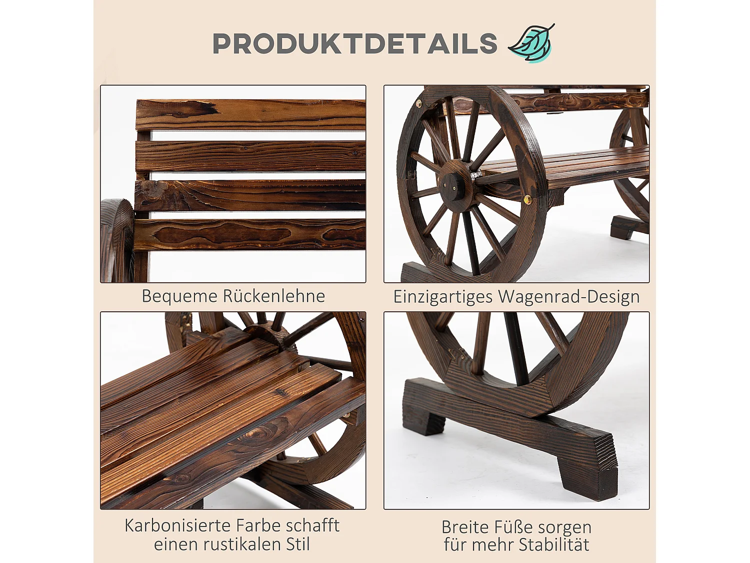 Banc de jardin 2 places avec accoudoirs en roue de chariot, style campagne, bois de sapin, marron (105.5x56x79cm)