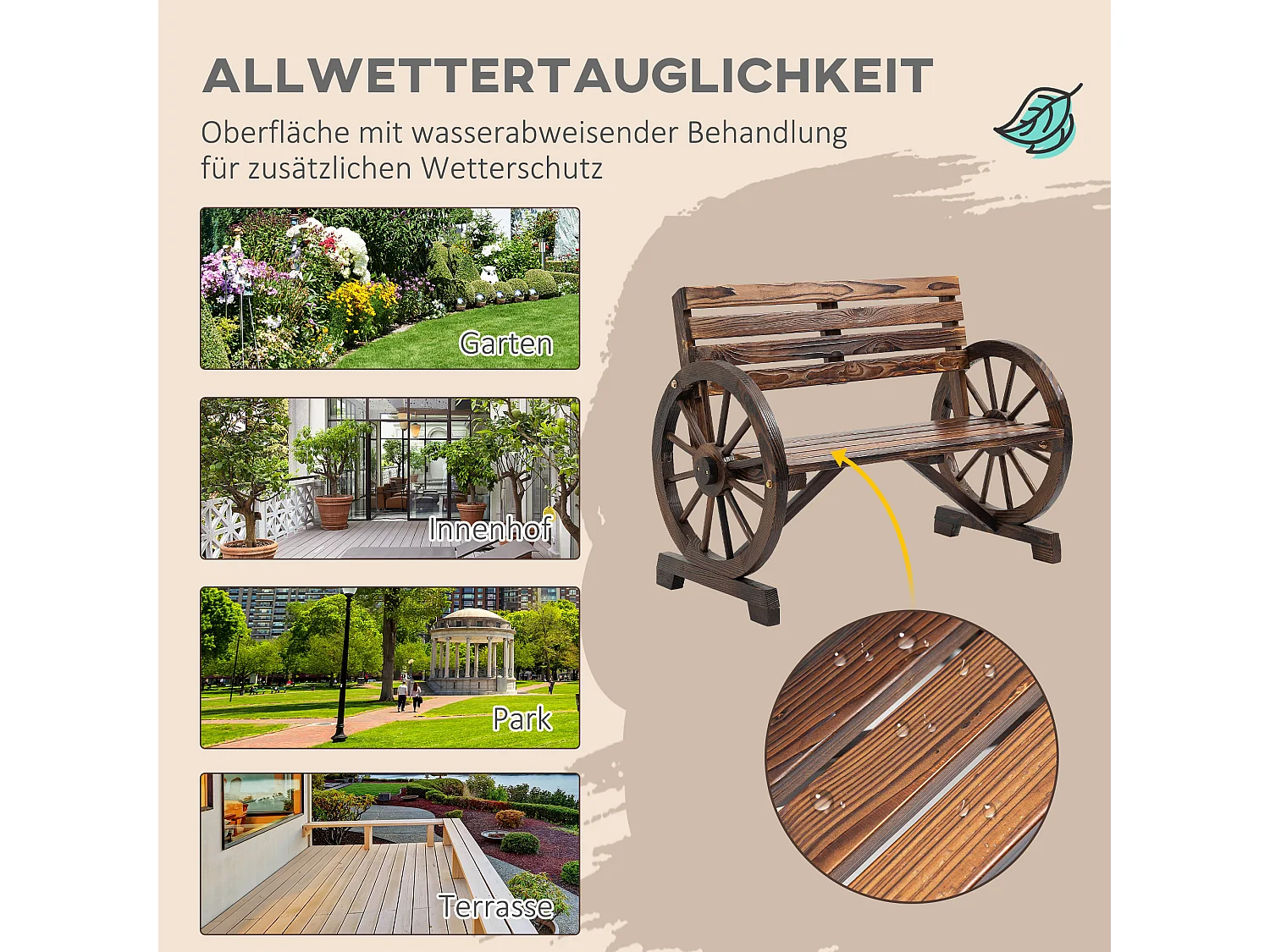 Banc de jardin 2 places avec accoudoirs en roue de chariot, style campagne, bois de sapin, marron (105.5x56x79cm)