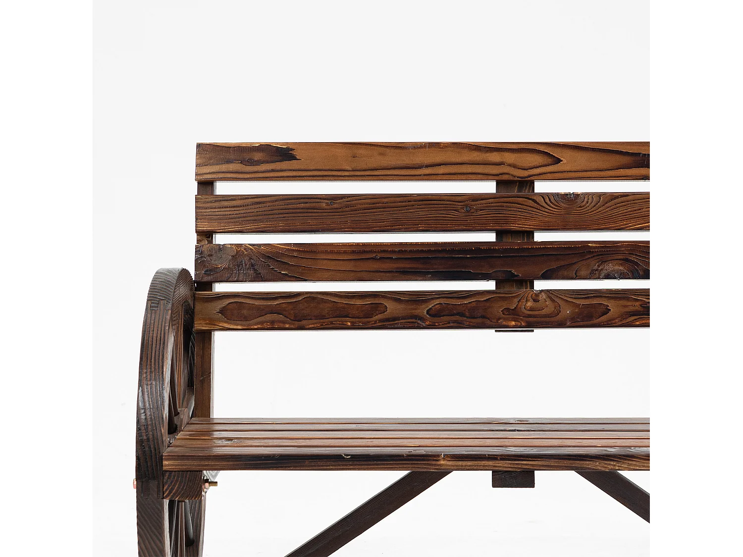 Banc de jardin 2 places avec accoudoirs en roue de chariot, style campagne, bois de sapin, marron (105.5x56x79cm)