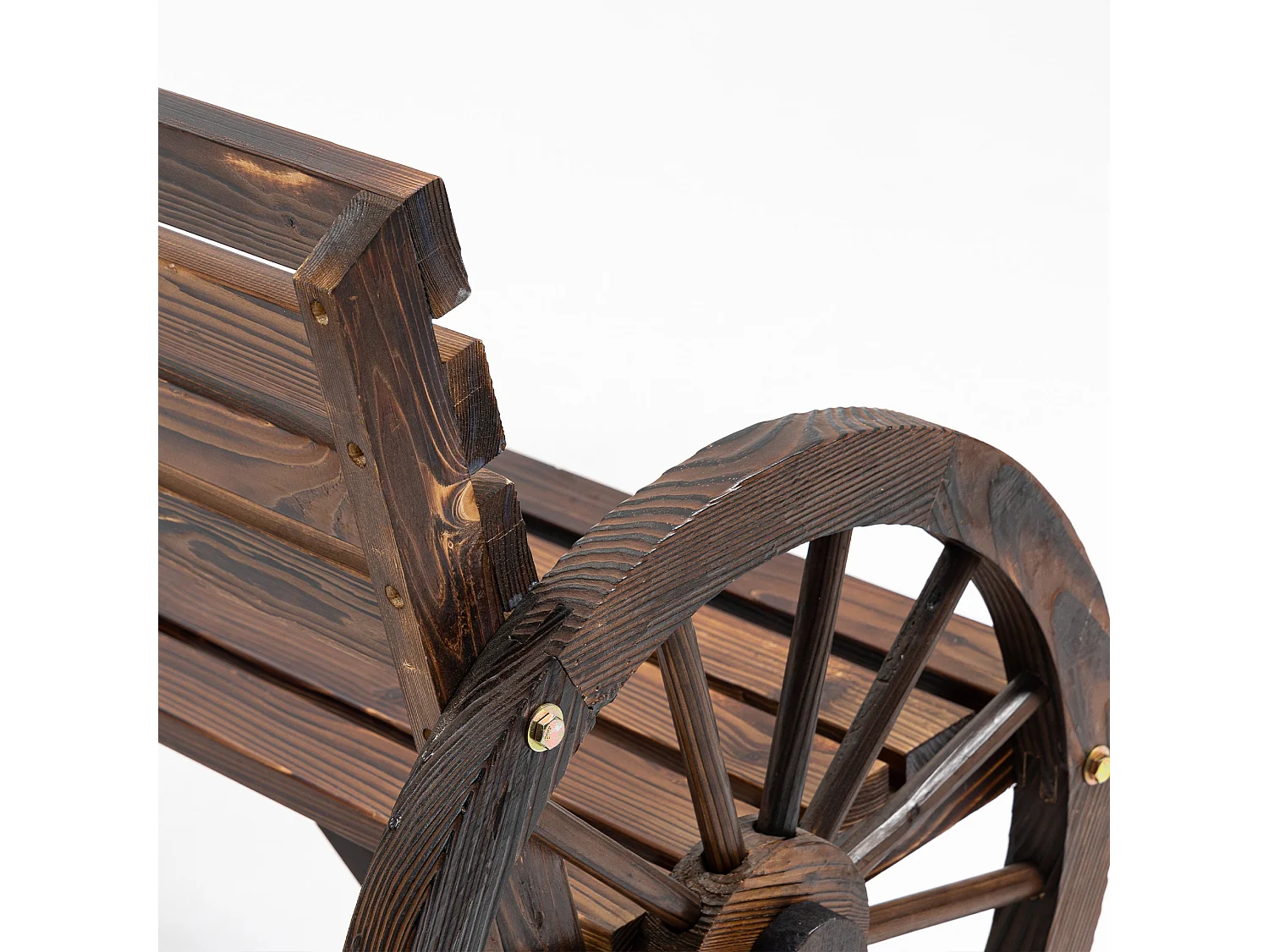 Banc de jardin 2 places avec accoudoirs en roue de chariot, style campagne, bois de sapin, marron (105.5x56x79cm)