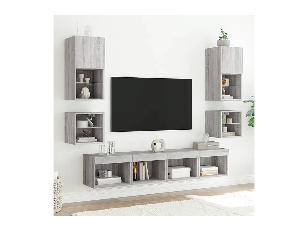 Nachttisch zur Wandmontage mit LED-Leuchten, Sonoma, Grau