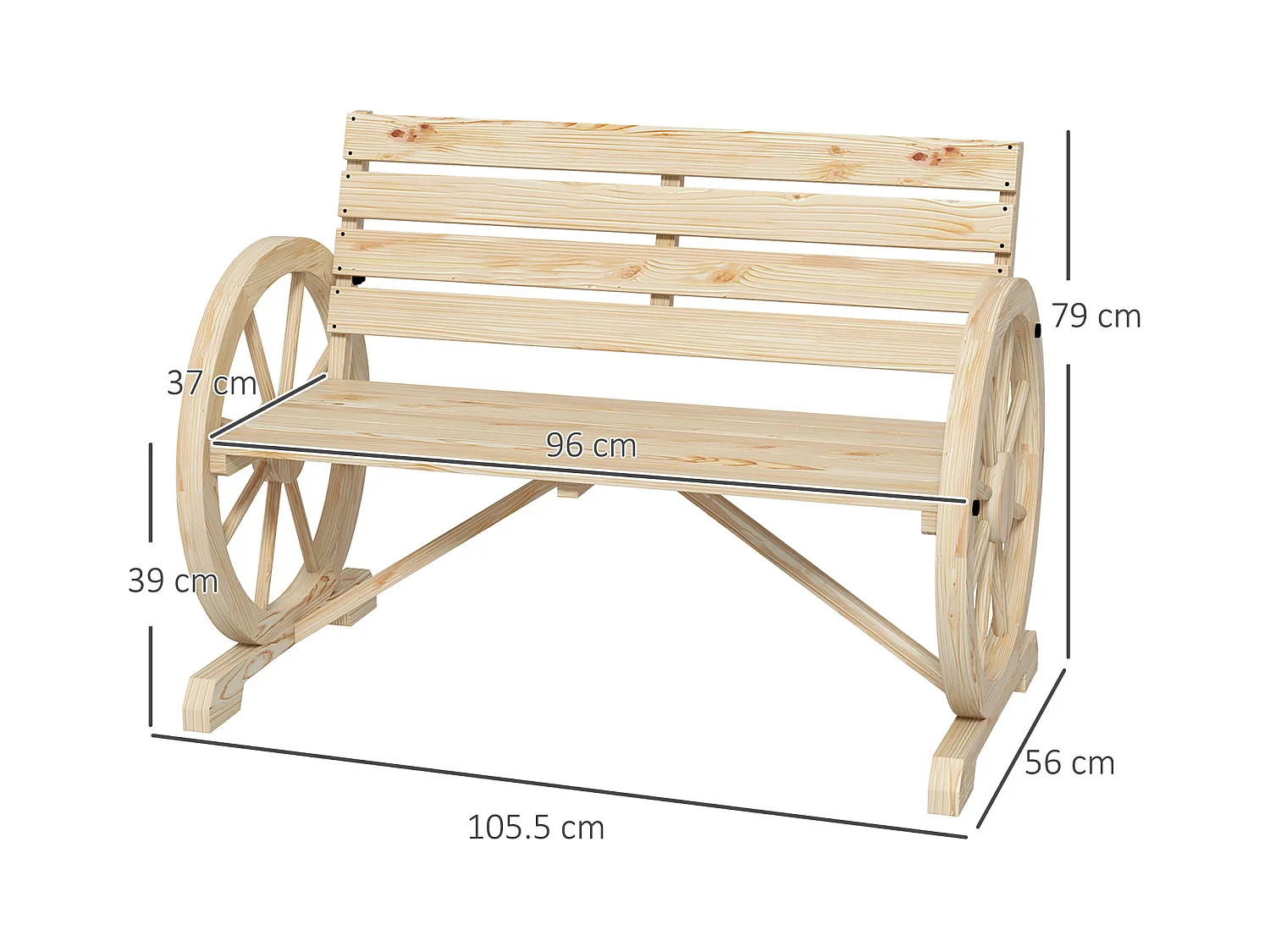 Banc de jardin 2 places avec accoudoirs, style rustique, bois de pin, naturel (105.5x56x79 cm)