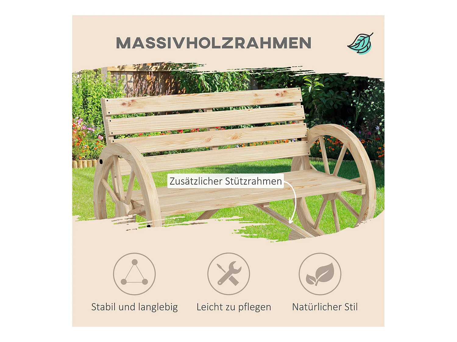 Banc de jardin 2 places avec accoudoirs, style rustique, bois de pin, naturel (105.5x56x79 cm)