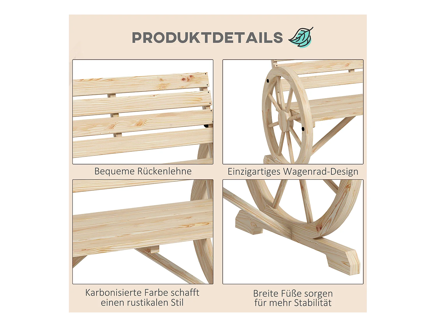 Banc de jardin 2 places avec accoudoirs, style rustique, bois de pin, naturel (105.5x56x79 cm)