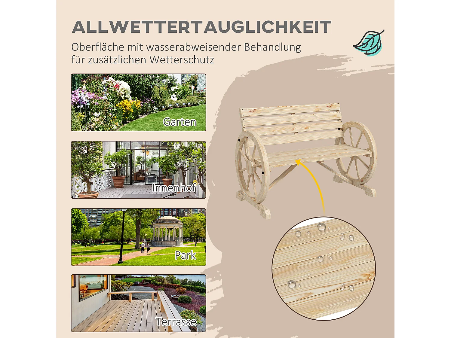 Banc de jardin 2 places avec accoudoirs, style rustique, bois de pin, naturel (105.5x56x79 cm)