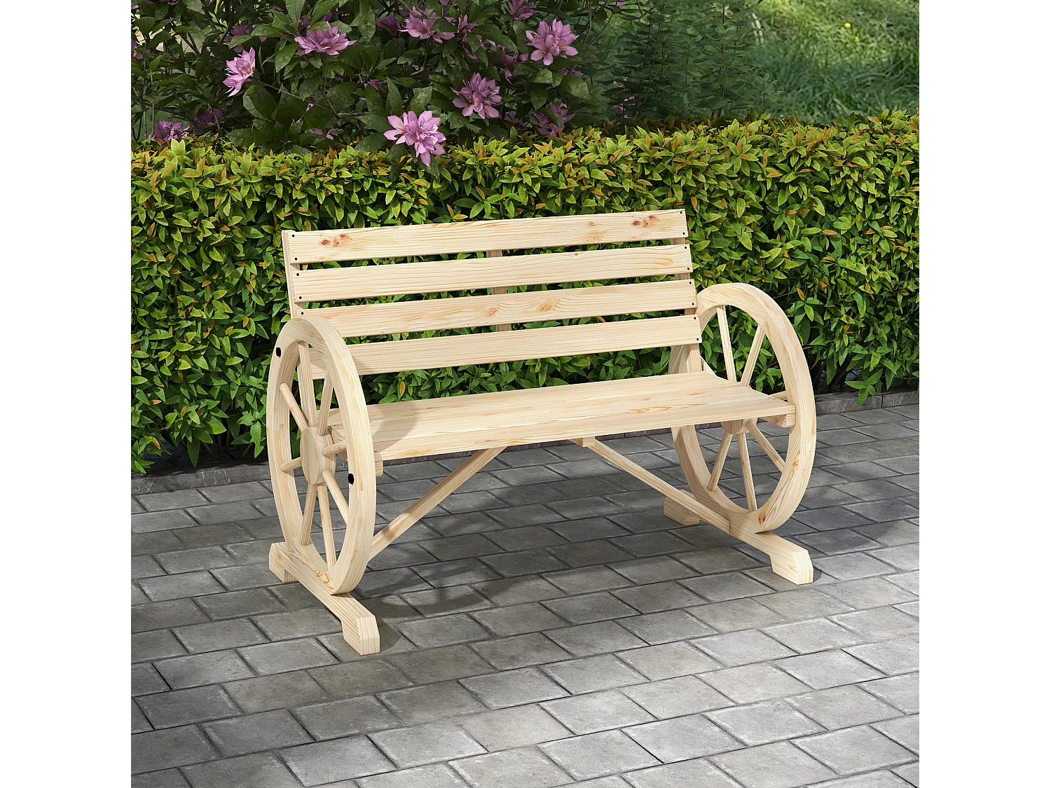 Panca da giardino a 2 posti con braccioli, stile rustico, legno di pino, naturale (105,5x56x79 cm)