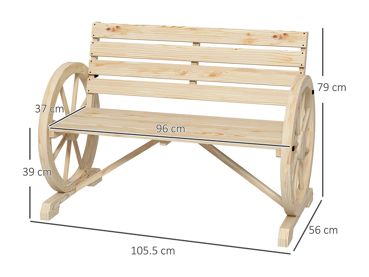 Panca da giardino a 2 posti con braccioli, stile rustico, legno di pino, naturale (105,5x56x79 cm)