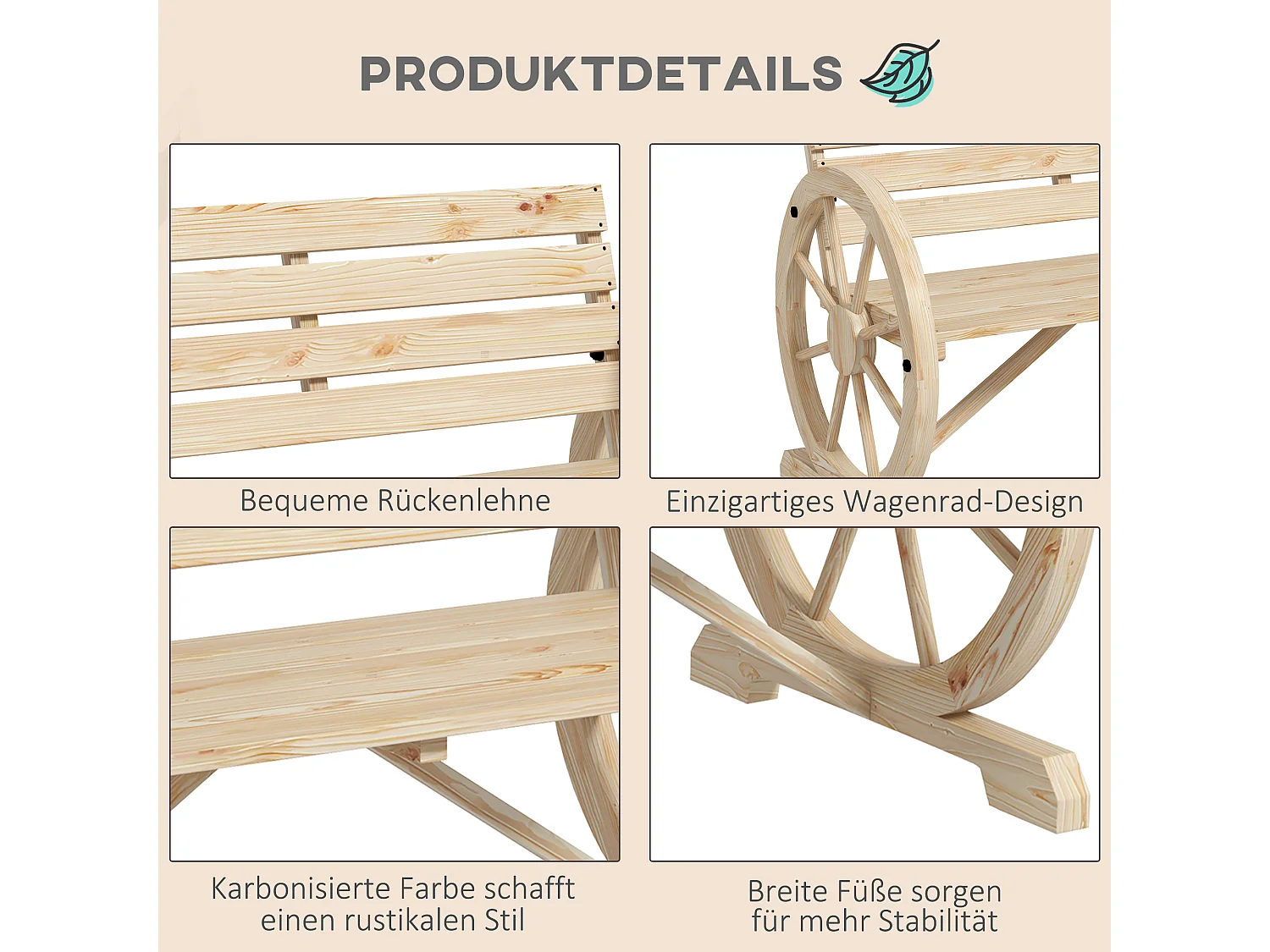 Panca da giardino a 2 posti con braccioli, stile rustico, legno di pino, naturale (105,5x56x79 cm)