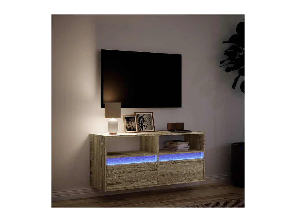 Mobile TV a parete con luci LED, rovere Sonoma, 100x31x45 cm