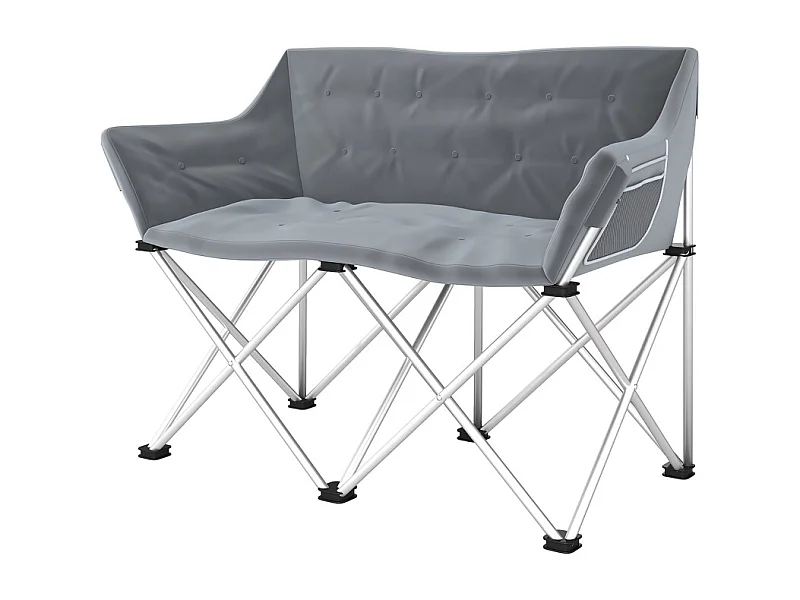 Chaise pliante 2 places avec accoudoirs et poches latérales, métal et tissu Oxford 600D, gris, pour jardin et camping (120x57x95cm)